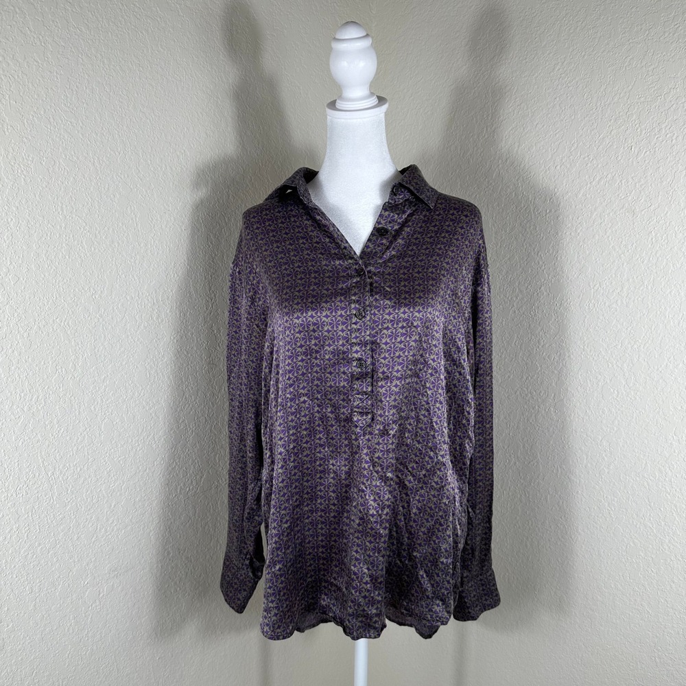 Cabi Silk Blouse Womens Medium Purple Geometric Button Down Long Sleeve Office